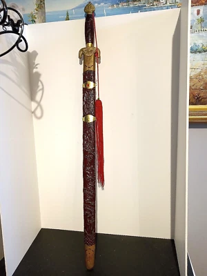 Chinese Vintage Tai Chi Jian Sword Carved Wood & Brass, Yin & Yang - Image 1 of 4