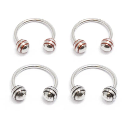 Horseshoe Ring Circular Barbell 4 Pack 18G Red & Black Striped Balls Lip Nose - Image 1 of 2