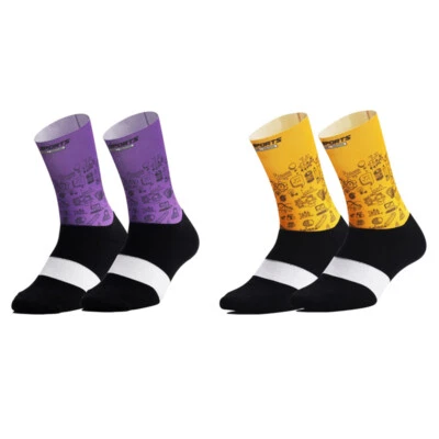 2 pares de meias de ciclismo ciclismo ciclismo bicicleta esporte tornozelo XC MTB amarelo roxo - Imagem 1 de 4