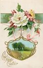 Easter Postcard~Antique~Large White Rose With Pastoral Scene~Canada Stamp 1913
