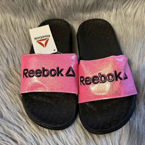 Scarpe sandali slip on Reebok Slides bambina taglia 4 rosa nero scintillante glitter nuovi con etichette
