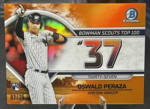 Oswald Peraza 2023 Bowman cromo scouts top 100 refractor naranja /25 #BTP-37 - Imagen 1 de 3