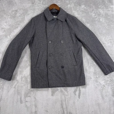 Antiguo Abrigo Azul Marino Mezcla Lana Guisante Chaquetón Doble Pecho Gris Para Hombre Talla Pequeña Foto 1 de 4