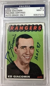 Eddie Giacomin Signed 1965 Topps #21 Rookie Card Rangers HOF PSA/DNA Auto Mint 9 - Picture 1 of 3
