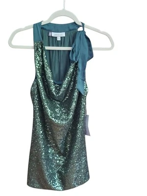 JENNIFER LOPEZ Sequined Cowl Neck Top Satin Bow Size Medium Emerald Green - Image 1 of 4