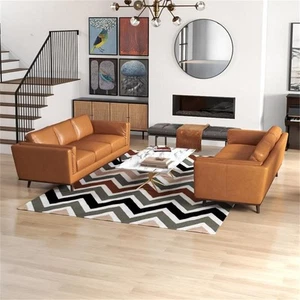Ferris Mid-Century Pillow Back Leather Sofa Set in Tan - Picture 1 of 5