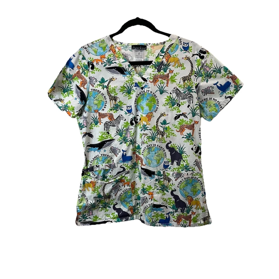 Cherokee Save The Earth Its the Only One Animal Novelty Scrub Nurse Top Womens M - Image 1 of 4