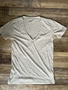 T-shirt donna Hi-Line scollo a V grigio misto lino XS manica corta casual - Foto 1 di 6