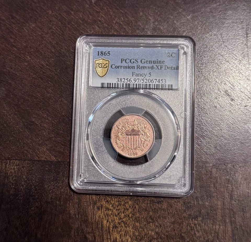 1865 Two Cent Piece (Fancy 5)-XF detail, Corrosion Removed - Image 1 of 2