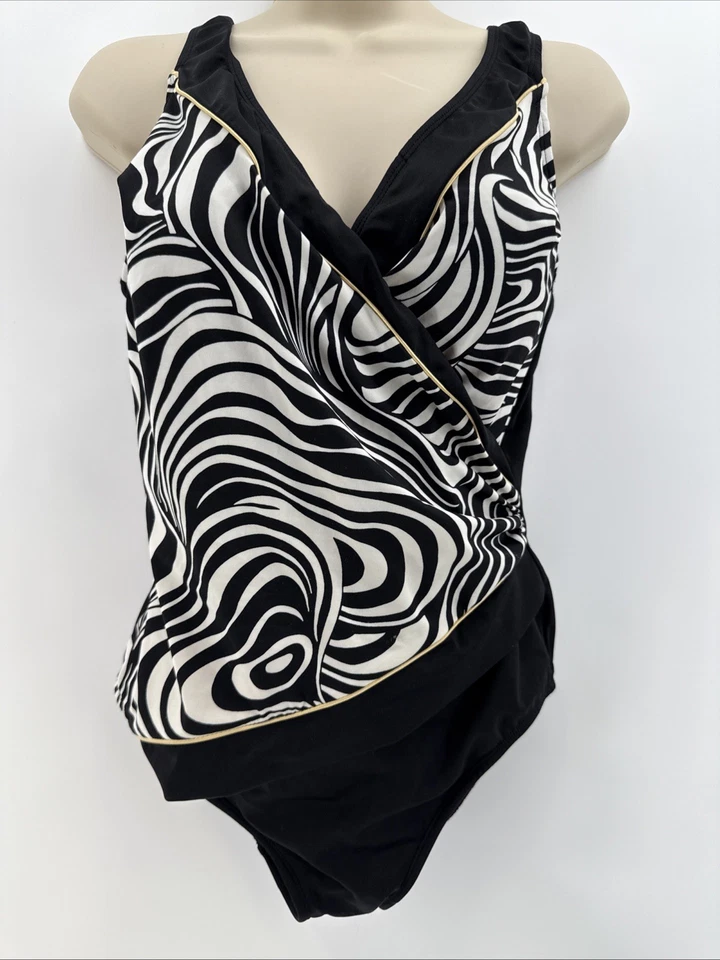 Longitude Black White Animal Print Faux Wrap Slimming One Piece Swim Suit Sz 12 - Image 1 of 4