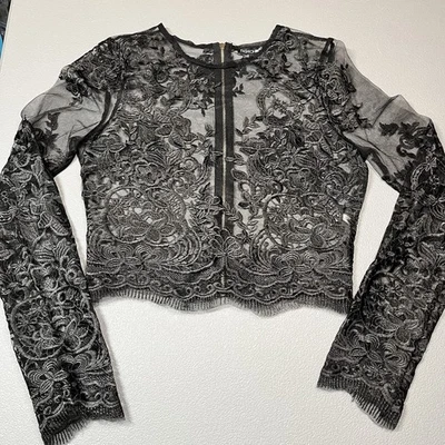 Black Lace Long Sleeve Top Sheer Whimsygoth Witchy Cropped Sz Small Zipper Back - Image 1 of 4