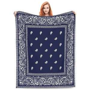 Blue Bandana Paisley Border Print Blanket Bed for Kids Boys Girls Soft Cozy B... - Picture 1 of 9