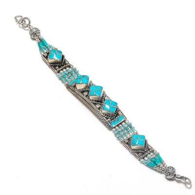 Pulsera de piedras preciosas turquesa plata tibetana declaración joyería nepalí 7" NBB 3320 Foto 1 de 4