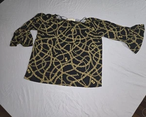 Michael Kors Women's Blouse Medium black Keegan Chain Gold Link 3/4 Sleeve - Picture 1 of 9