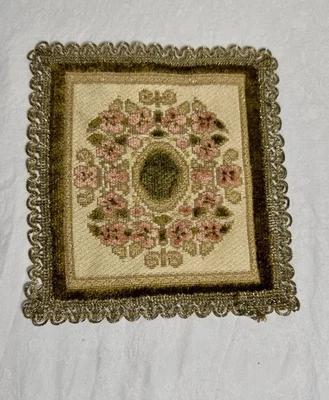 VTG Olive Green Gold Pink Dollhouse Rug 7” sq. Floral Miniature Carpet Doll Toy - Image 1 of 4