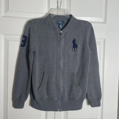 Polo Ralph Lauren Suéter Niños Grande 14-16 Gris Cremallera Completa Tejido Big Pony 3 Logo Foto 1 de 4