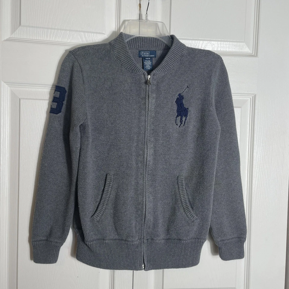 Y2K Polo Ralph Lauren Cardigan Boys Large 14-16 Gray Full Zip Big Pony 3 Logo - Image 1 of 4