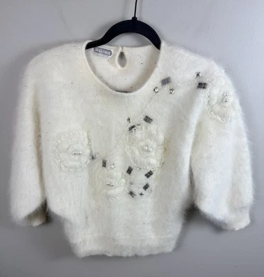 Vintage Angora Beaded Embellished Sweater sz Small Pearl Ivory Old Money Floral - Image 1 of 4