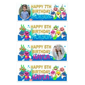BABY SHARK BIRTHDAY BANNER NAME PERSONALISED PHOTO PARTY BOYS GIRLS KIDS - Picture 1 of 10