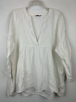Zara Tunic Top Womens S Linen Lagenlook Oversized White 3/4 Sleeve Babydoll - Image 1 of 4