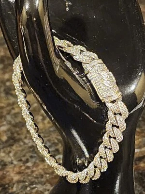 Pulsera Cadena Cubana GLD Shop Chapada en Oro Blanco 14K Piedras Circonita 9.5 mm x 7.25" Foto 1 de 4