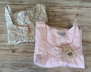 2 Sleeveless 100% Cotton Nightgowns Floral/ Pink Stripe Cottage Kim Rogers Sz S - Picture 1 of 15