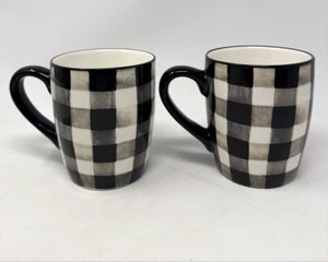 Robert Stanley Coffee Mugs Black White Buffalo Plaid Check Set Of 2 - Picture 1 of 7