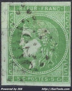 FRANCE EMISSION DE BORDEAUX 5c VERT JAUNE N° 42B AVEC OBLITERATION - Picture 1 of 2