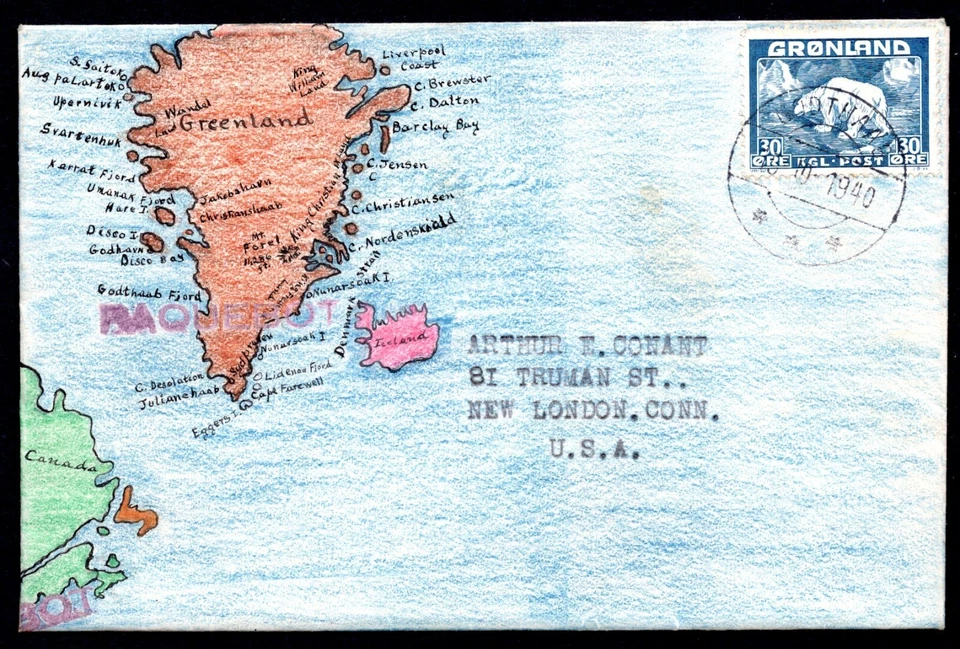 GREENLAND 1940 US SC. #7 TIED GUDTHAAB FJORD 10.10.1940 ON HANDPAINTED COVER - Image 1 of 2