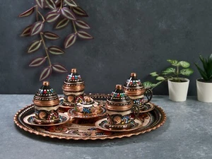 Copper Coffee Serving Set, Turkish Coffee Set, Copper Coffee Cups Tray - Picture 1 of 5