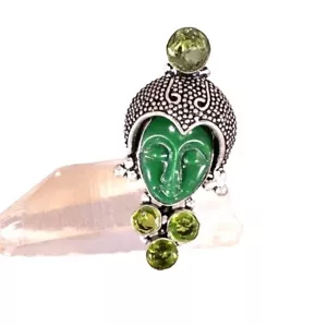 925 Sterling Silver Green Enamel Moon Face Goddess Peridot Statement Ring Sz7.25 - Picture 1 of 7