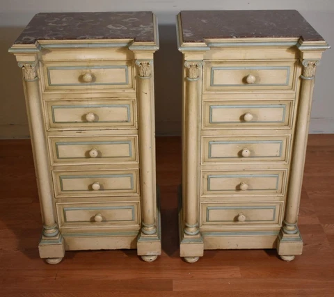 1910s Antique French Louis XVI Walnut hand painted & marble top nightstands beds Cover