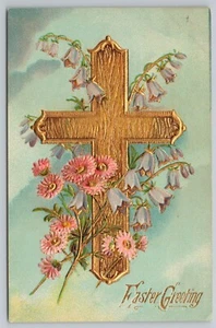 1910 Easter Gold Cross Daisies Canterbury Bells Embossed Germany Postcard - Picture 1 of 2