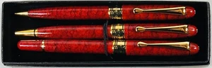 Montefiore Pen Set Two Rollerballs & Mechanical Pencil Red Marble Germany - Picture 1 of 11