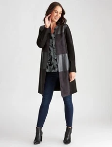 Katies Women Size 8 Black Seamed Suedette Open Coat Long Sleeves Trench Coat - Picture 1 of 16