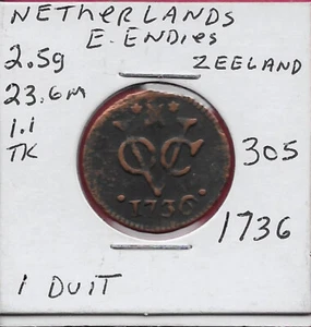 NETHERLANDS EAST INDIES,ZEELAND 1 DUIT .1736. CROWNED ARMS,SHIELD POINTED AT BOT - Picture 1 of 2