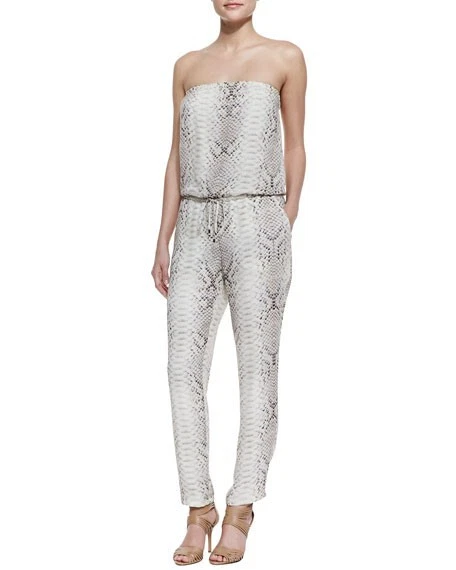 HAUTE HIPPIE Taupe Python Snake Print Silk Strapless Crop Pant Jumpsuit L = 10 - Image 1 of 4