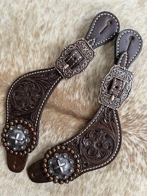 Par de correas occidentales de cuero de aceite oscuro con tooled floral para damas Foto 1 de 4