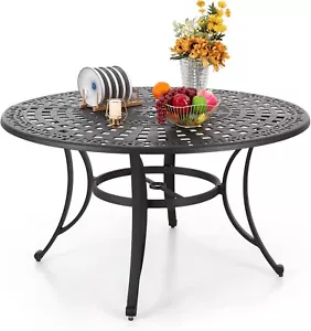 Round Patio Dining Tables for 6 Person Outdoor Aluminum Table w/ Umbrella Hole - Picture 1 of 7