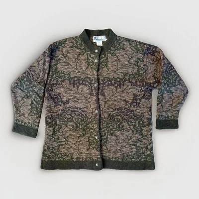 Cardigã suéter vintage Whortleberry Escócia lã verde malha floral M - Imagem 1 de 4