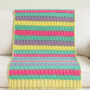 VTG Handmade Crochet Blanket Throw Pastel Striped W/Fringe Multicolor 60X60' - Picture 1 of 5