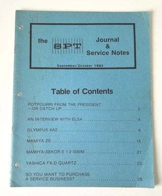 SPT Journal & Service Notes 1982: Mamiya ZE, Olympus XA-2, Yashica FX-D Quartz Foto 1 de 3