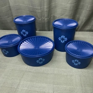 Tupperware Canisters Set (5) Blueberry Navy Servalier Vtg Dark Blue - Very Clean - Picture 1 of 13
