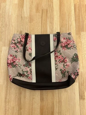 Liz Claiborne 花卉托特包 - 大号皮革包 - 米色/棕色 - 粉红色花朵 — 第 1/4 张图片