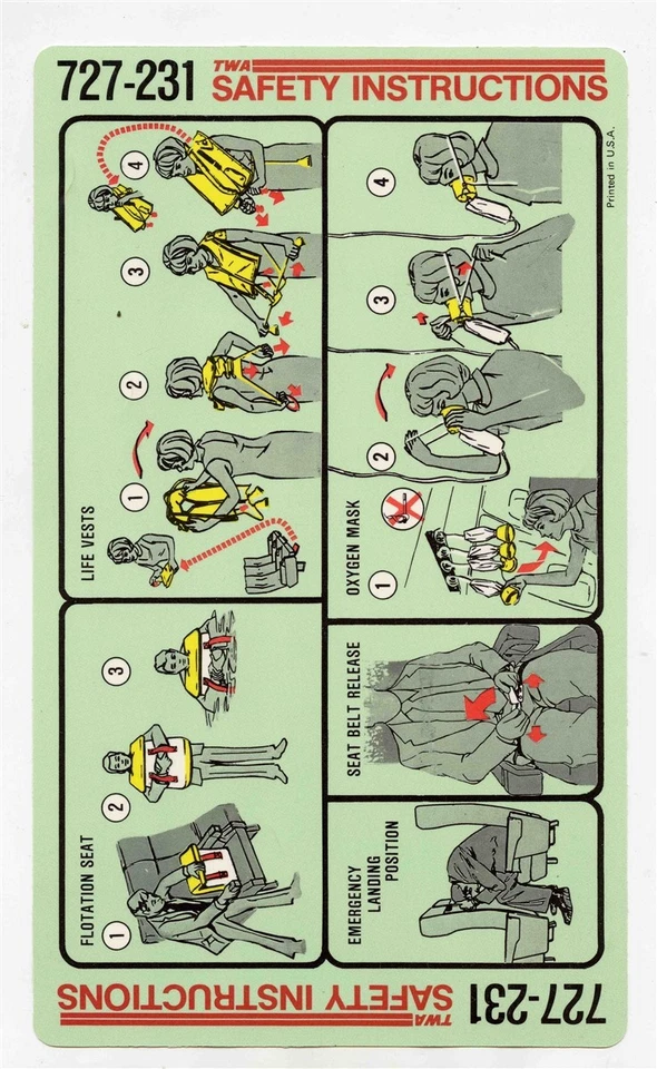 Tarjeta de instrucciones de seguridad 1981 TWA Trans World Airlines Boeing 727-231 Foto 1 de 1