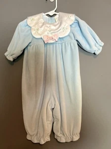 VTG Baby Girl Romper 3-6 Months & Booties Light Blue Velvet Embroidered Flowers - Picture 1 of 11