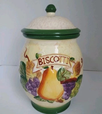 Nonni's Biscotti Cookie Jar Hand Painted Raised Fruits Pale Yellow EUC  - Image 1 of 4
