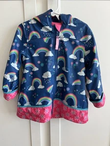 Stephen Joseph Girls Sz 4T Rain Coat Blue Pink Rainbows Full Zip Lined Pockets - Picture 1 of 17