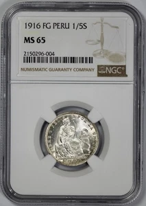 1916 FG Peru Silver 1/5 Sol NGC MS 65 - Picture 1 of 4