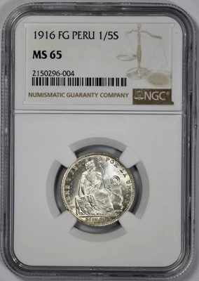 1916 FG Peru Silver 1/5 Sol NGC MS 65 - Image 1 of 4